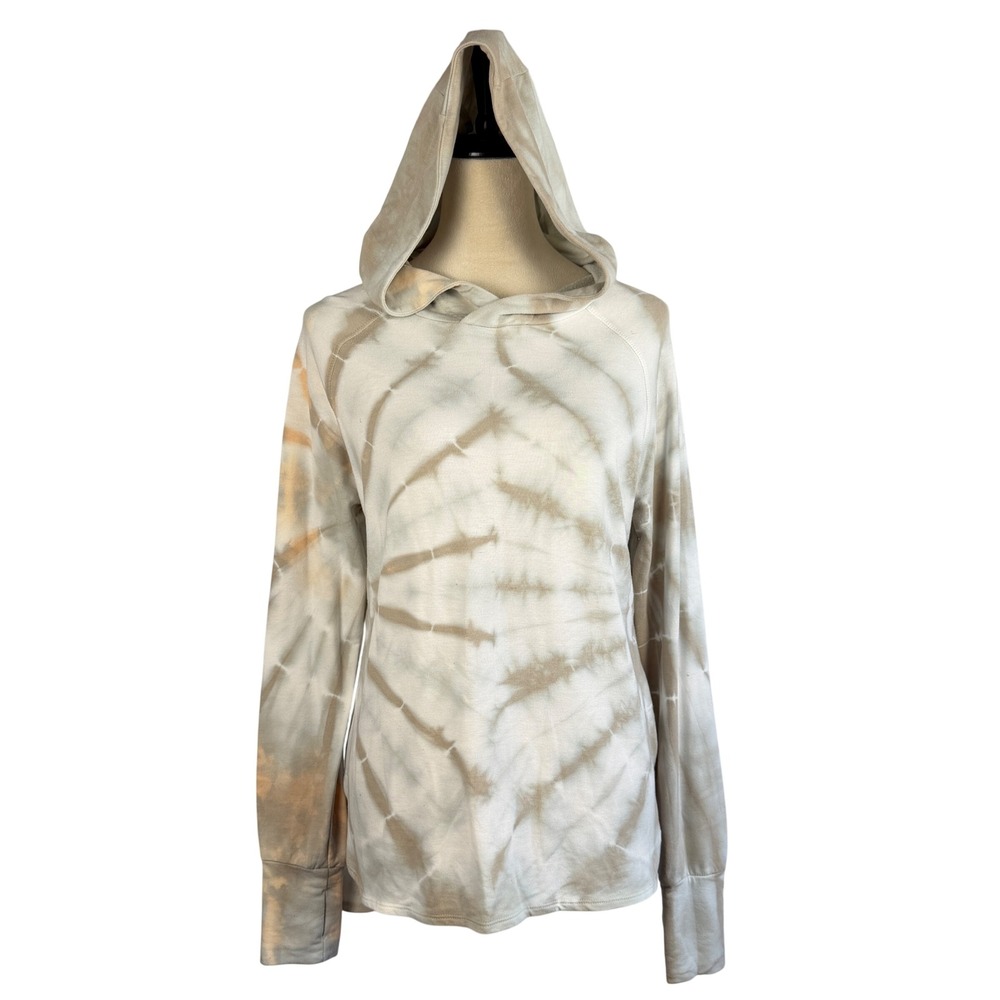 Womens Tie Dye Hoodie Tan Cream Raglan Thumbhole Pullover Medium Lightweight